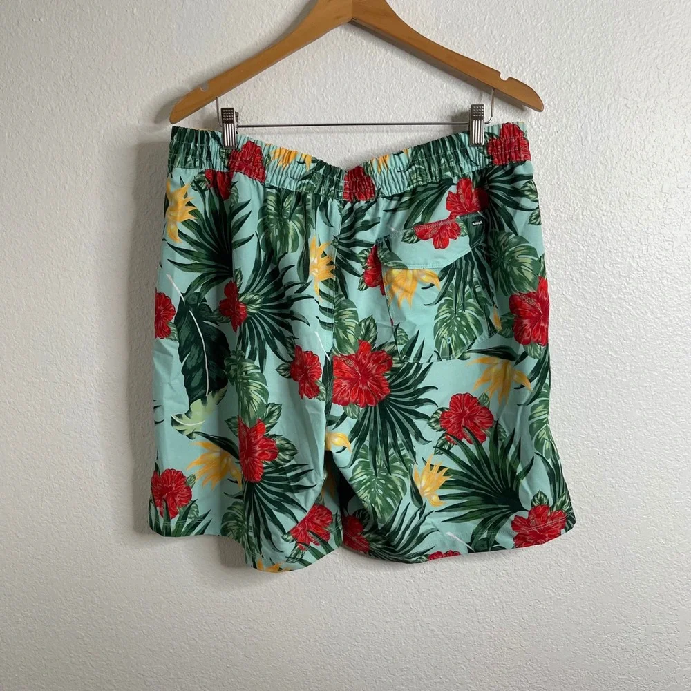 Hurley Mens XXL Tropical Floral Board Shorts Aqua Red Hibiscus Swim Trunks Lined